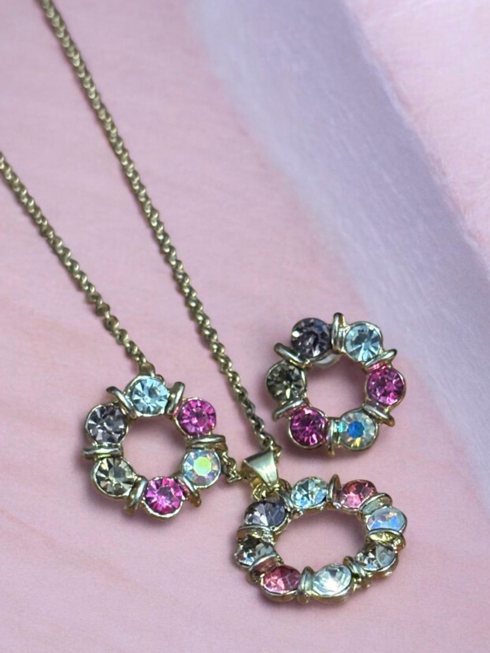 Gold-Tone Crystal Wreath Necklace & Earrings Set in Pink, Lavender & Clear